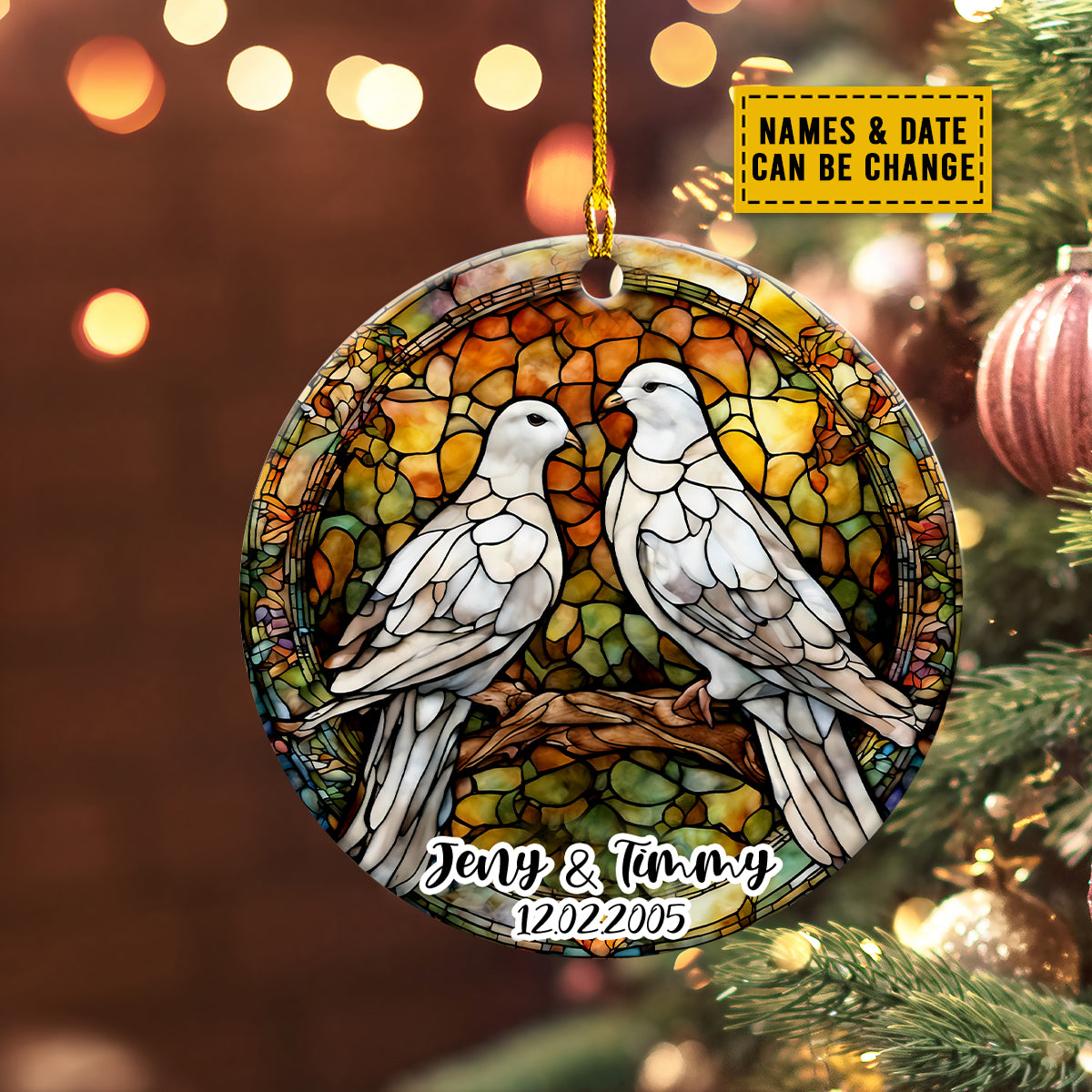 Teesdily | Customized Dove Bird Couple Car Pendant Hanging Xmas Bird Stained Glass Print Rear View Mirror Hanging Christmas Decor Couple Gift Ideas