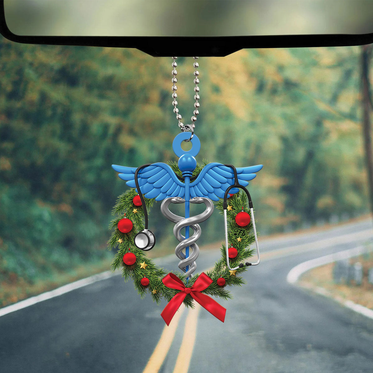 Teesdily | Nurse Caduceus Car Pendant Hanging Christmas Ornament Medical Symbol Rear View Mirror Hanging Nurse Christmas Wreath Nurse Gift Ideas