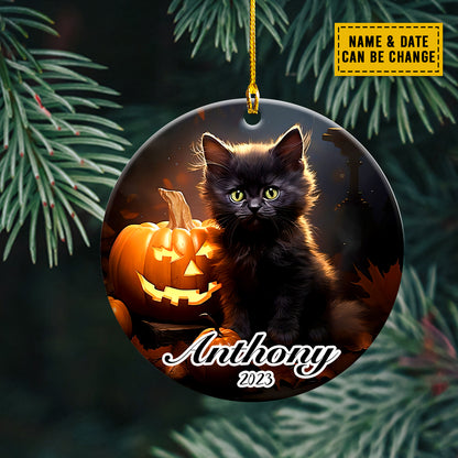 Teesdily | Customized Name Black Cat Halloween Ornament Cat Pumpkin Ornament Halloween Gift Idea For Cat Owners Cat Lovers