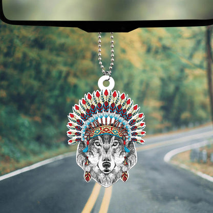 Teesdily | Wolf Native Chief Plastic Car Hanging Ornament Wolf Native Hat Rear View Mirror Hanging Native Lover Rearview Mirror Charms