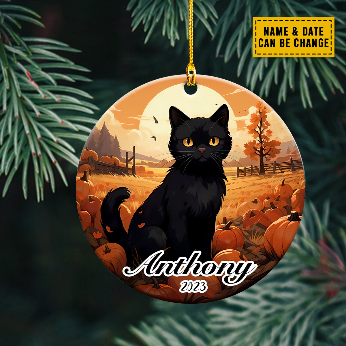 Teesdily | Customized Name Black Cat Pumpkin Farm Car Pendant Hanging Cat Thanksgiving Harvest Day Ornament Cat Lover Gift Ideas Thanksgiving Decor