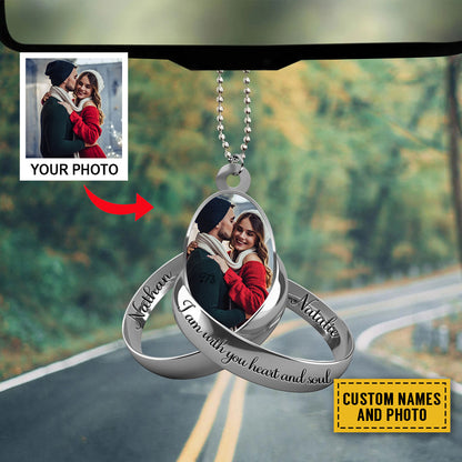 Teesdily | Personalized Photo Couple Ring Rear View Mirror Hanging I Am With You Love And Soul Car Ornament With Picture First Christmas Ornament Gift