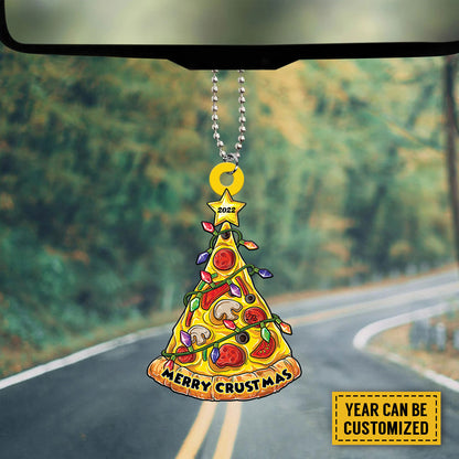 Teesdily | Customized Merry Crustmas Rear View Mirror Hanging Pizza Christmas Light Car Charm Funny Christmas Tree Decor For Fastfood Lovers