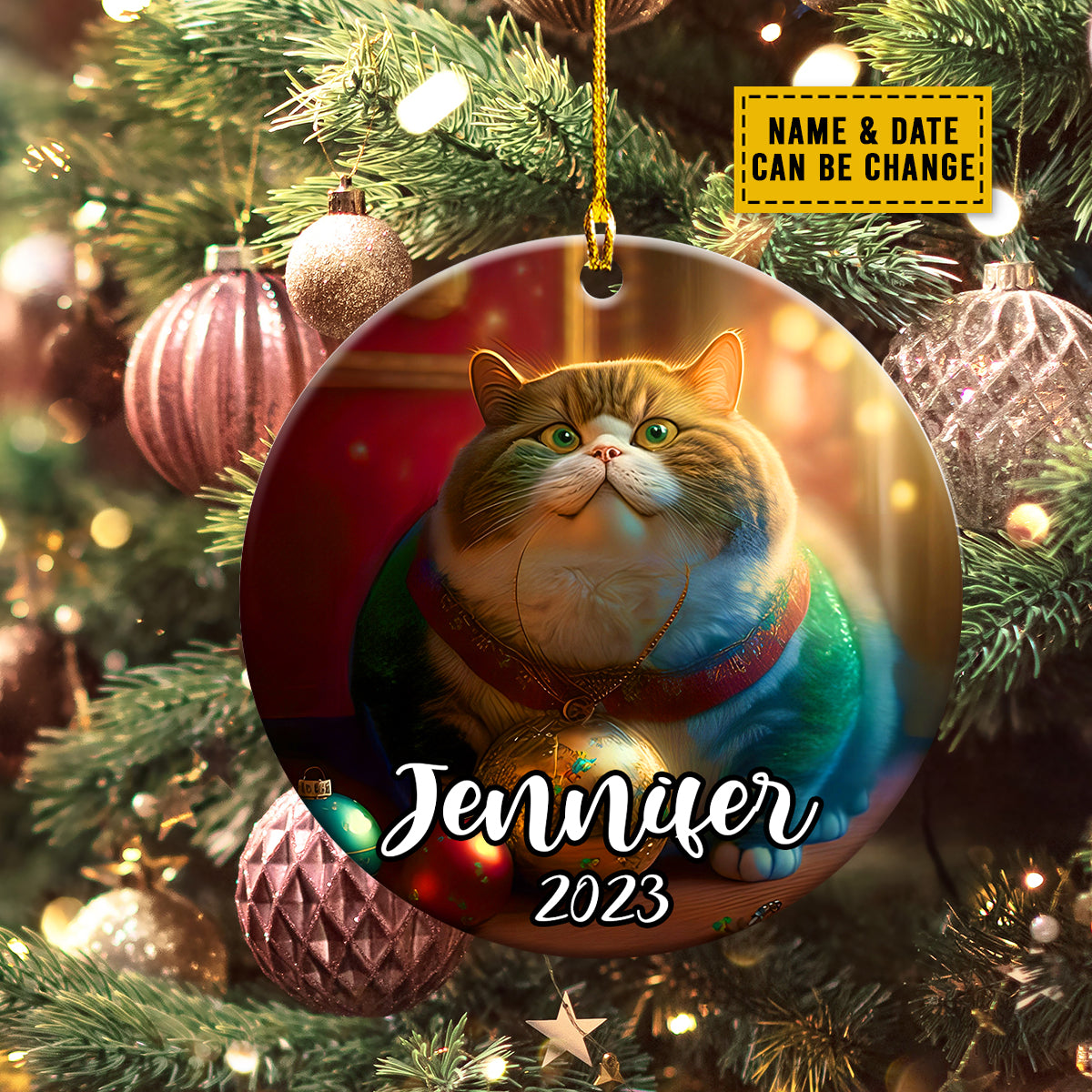 Teesdily | Fat Cat Christmas Personalized Rear View Mirror Hanging Pet Ornament Tree Decoration Cat Owners Custom Gifts Interior Accessories For Auto