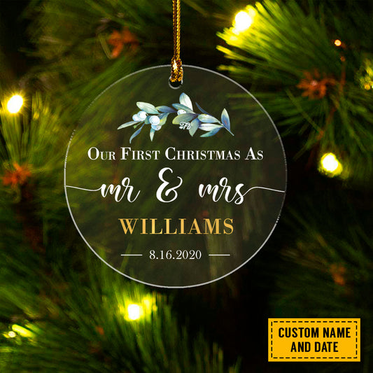 Teesdily | Custom Name Our First Christmas As Mr And Mrs Plastic Ornament, Huband Wife Mr Mrs Gift, Our First Christmas Ornament, Newlywed Gifts