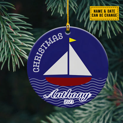 Teesdily | Customized Name Sail Boat Christmas Ornament Sailing Personalized Ornament Sailboat Nautical Theme Home Decor Gift For Boy Son