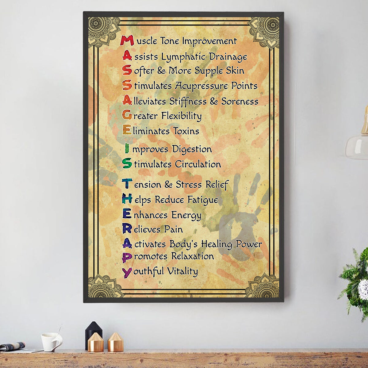 Teesdily | Massage Therapy Color Hands Vintage Mandala Vertical Poster Physical Therapist Canvas Massage Studio Decor Massage Therapist Gifts