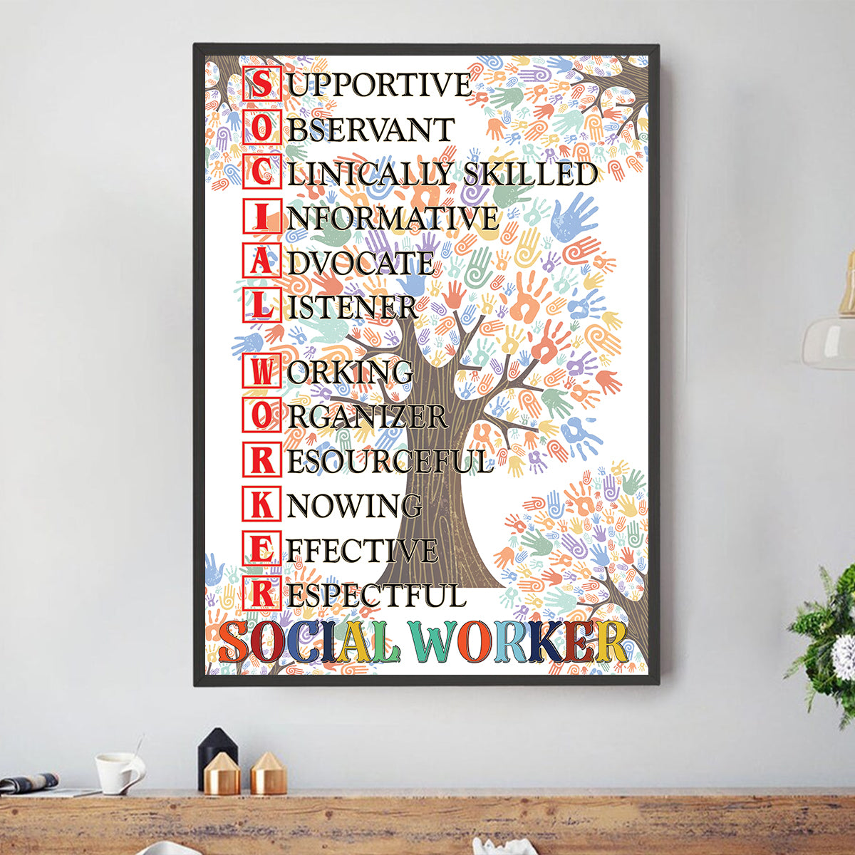 Teesdily | Social Worker Tree Hands Vertical Poster Social Assistant Wall Art Canvas Social Worker Office Decor Social Worker Appreciation Gifts