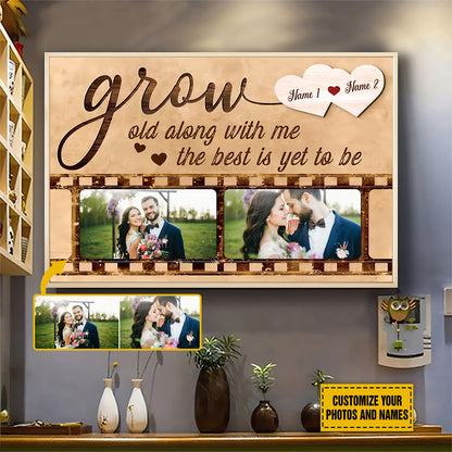 Teesdily | Couple Customized Photo And Name Poster Canvas Grow Old Along With Me Vintage Wall Decor Wedding Anniversary Gift For Wife Husband