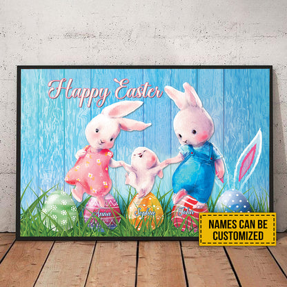 Teesdily | Bunny Easter Customized Poster Canvas Easter Eggs Cute Wall Art Happy Easter Day Print Easter Nursery Bedroom Decoration