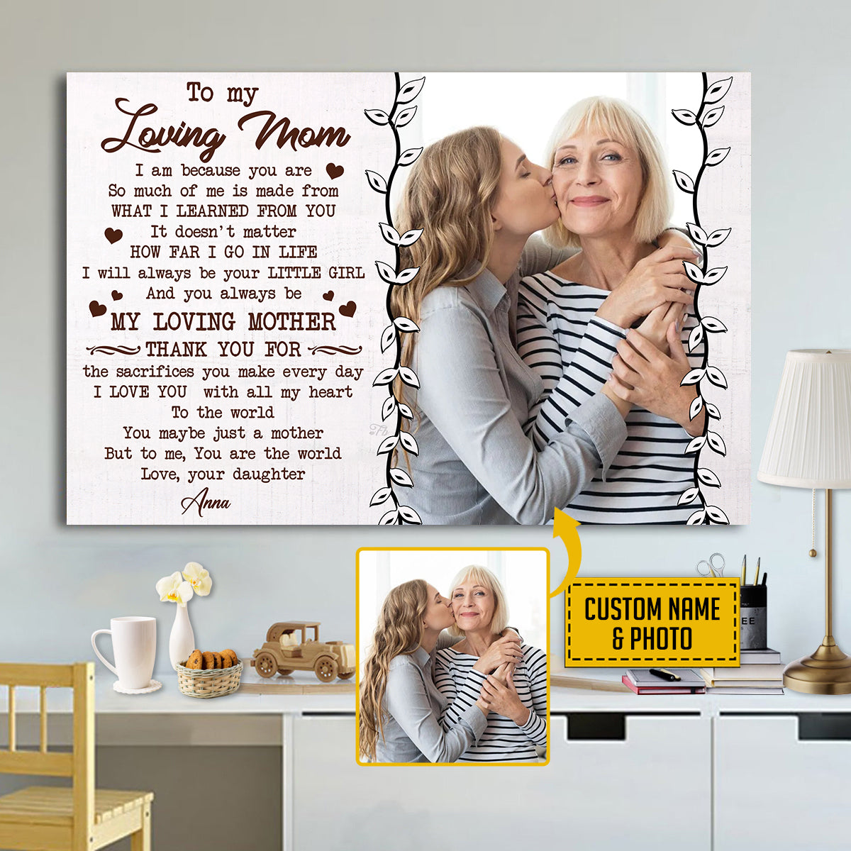 Teesdily | Mom Daughter Custom Poster Canvas With Photo To My Loving Mom Wall Art To Me You Are The World Personalized Gift For Mothers Day Birthday