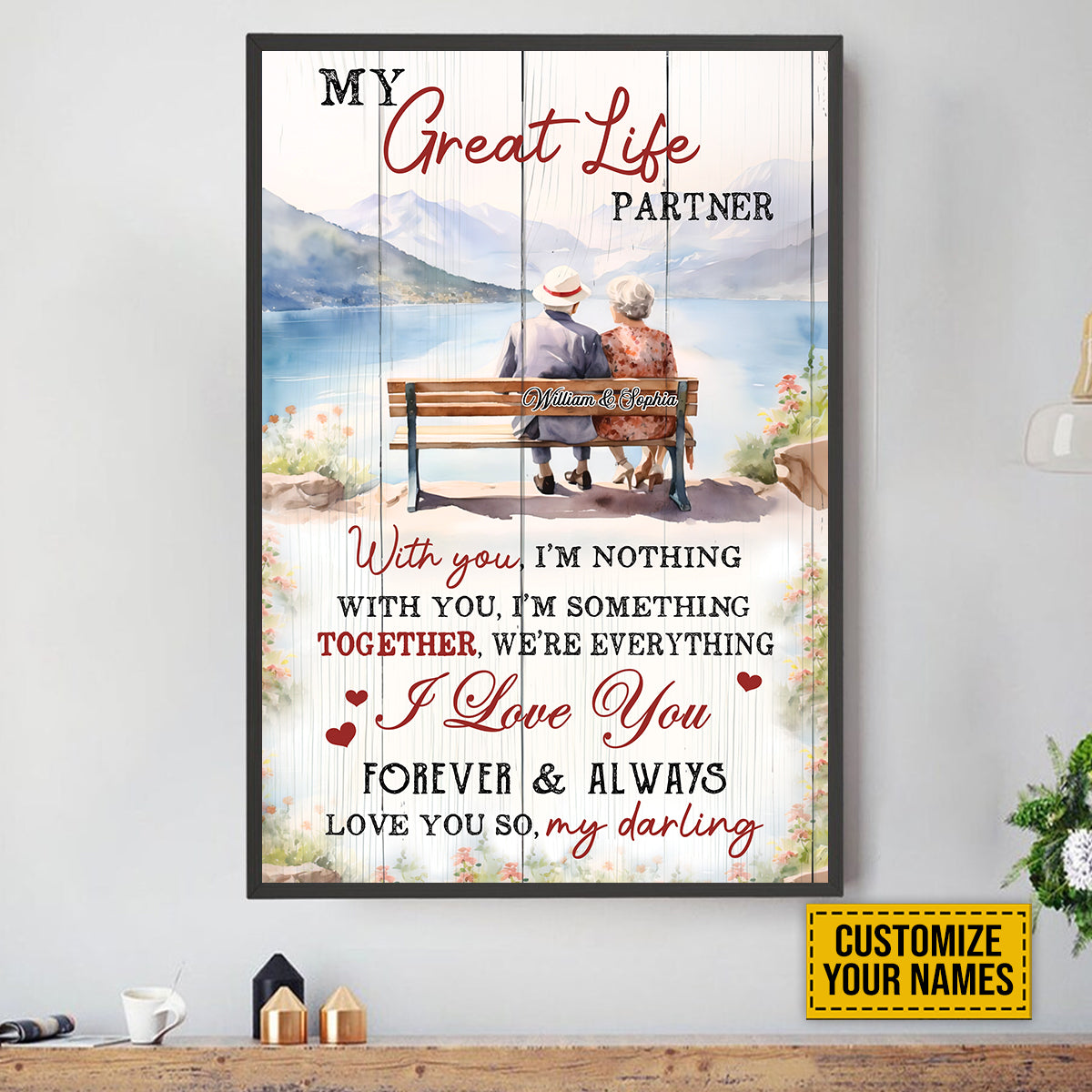 Teesdily | Old Couple Beautiful Landscape Customized Poster Canvas Mountain Scene Peaceful Wall Art My Great Life Partner Couple Room Wall Decor