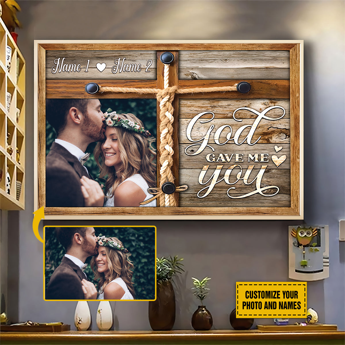 Teesdily | Christian Couple Personalized Photo Poster Canvas God Gave Me You Wall Art Canvas Wood Print Valentine Wedding Anniversary Romantic Gifts