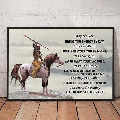 Teesdily | Native American Warrior Poster Canvas Native Horse Wall Art Canvas May The Sun Bring You Energy By Day Native Lover Gifts