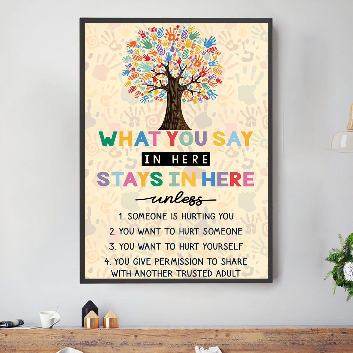 Teesdily | Autism Colorful Tree Hand Poster Canvas What You Say In Here Stays In Here Canvas Art Autism Awareness Wall Art Neurodiversity Sign