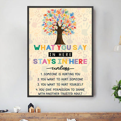 Teesdily | Autism Colorful Tree Hand Poster Canvas What You Say In Here Stays In Here Canvas Art Autism Awareness Wall Art Neurodiversity Sign