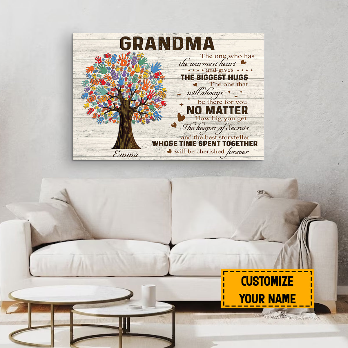 Teesdily | Grandma Family Tree Personalized Wall Art Canvas Grandma The One Who Has The Warmest Heart Canvas Farmhouse Painting Print Grandmom Gifts