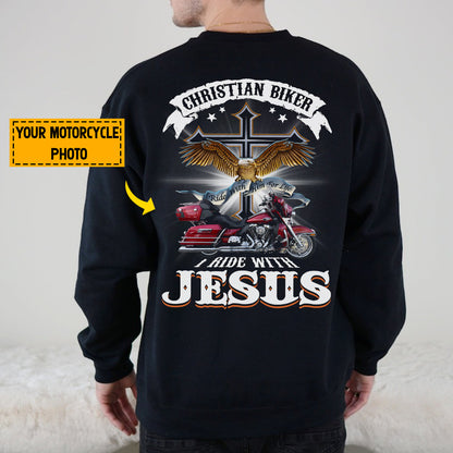 Teesdily | Personalized Motorcycle Photo Shirt, Christian Biker Shirt, I Ride With Jesus Hoodie Sweatshirt Mug, Motorcycle Gifts