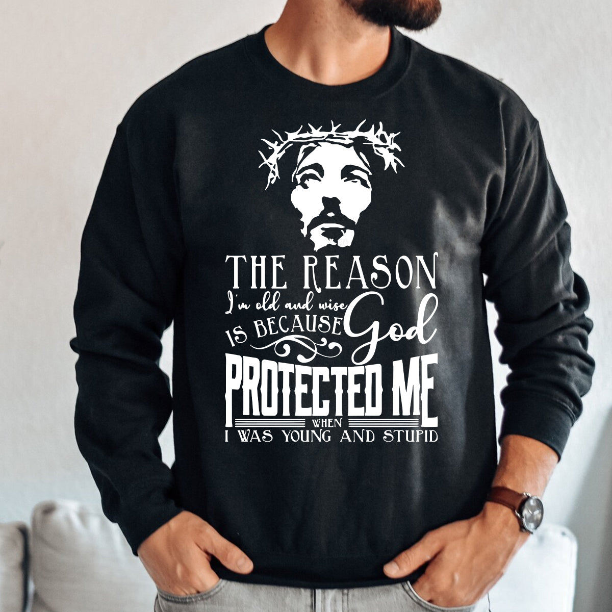 Teesdily | Jesus Portrait Print Shirt Jesus God Protected Me When I Was Young And Stupid Sweatshirt Hoodie Mug Christian Gift Ideas