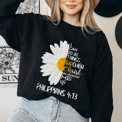 Teesdily | Jesus Christ Daisy Womens Tops, I Can Do All Things Through Christ Sweatshirt Hoodie Mug, God Bible Verse Graphic Tee, Christian Gift Ideas