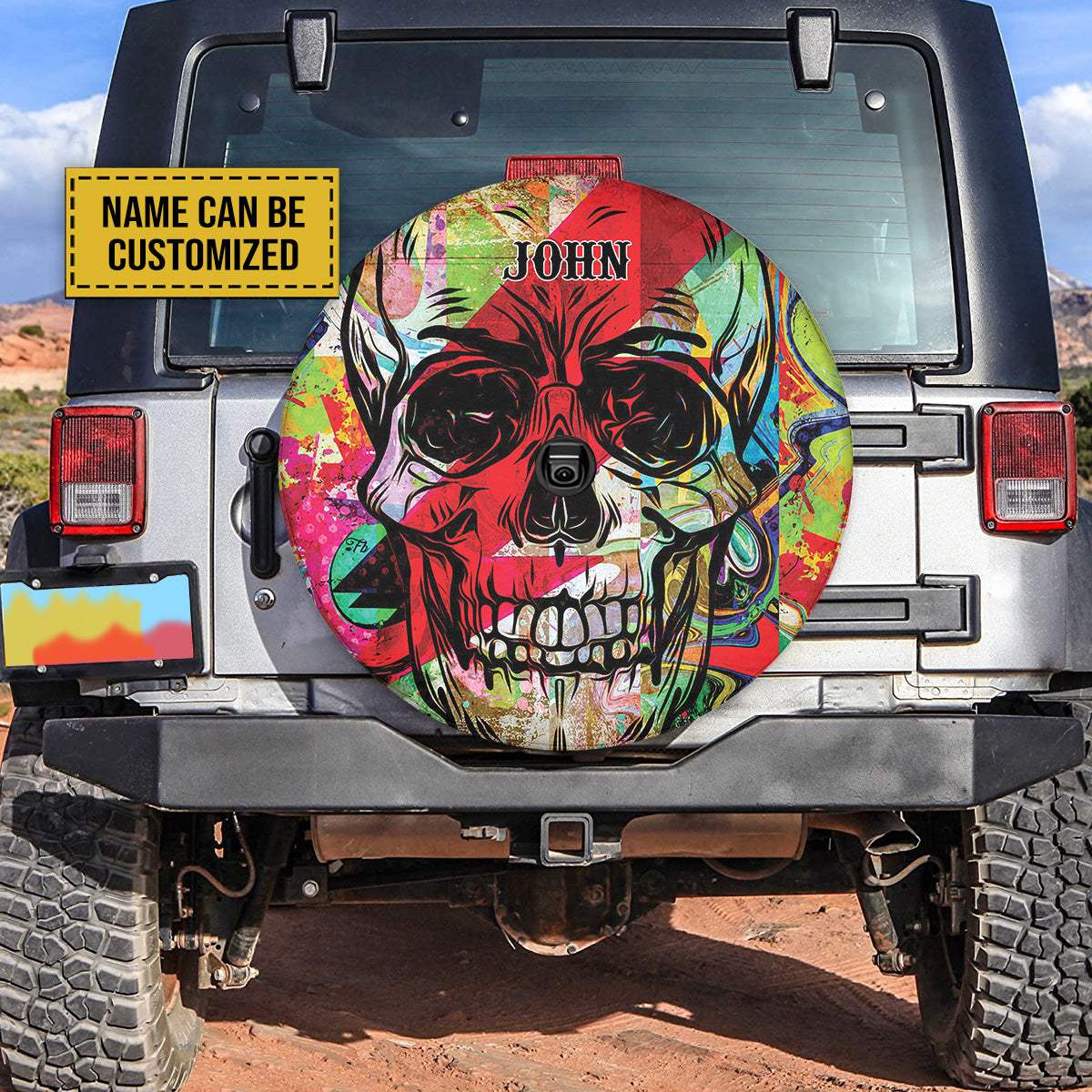 Teesdily | Sugar Skull Customized Spare Tire Cover Colorful Skull Graffiti Print Spare Wheel Cover Horror Style Halloween Day Car Accessories