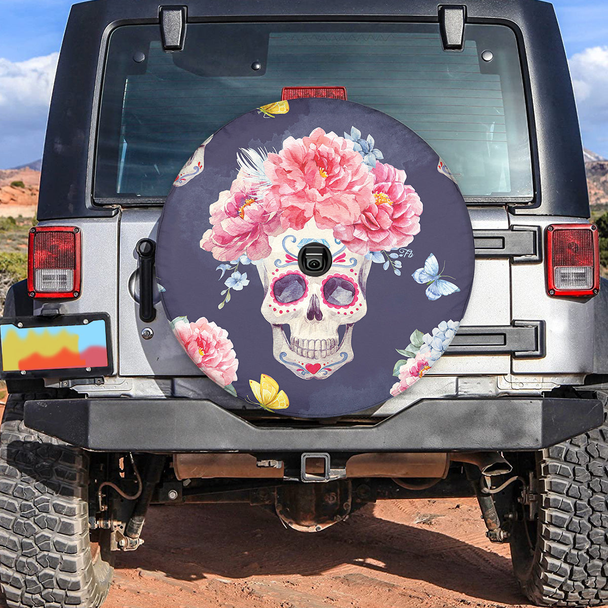 Teesdily | Sugar Skull Spare Tire Cover Flower Tire Cover Vintage Art Wheel Covers Car Accessories Day Of The Dead Car Decoration