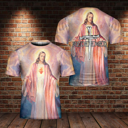 Teesdily | Jesus Christian Heaven Religion 3D T-Shirt God Christ Cross Redeemed Sport All Over Print Shirt Religious Gifts