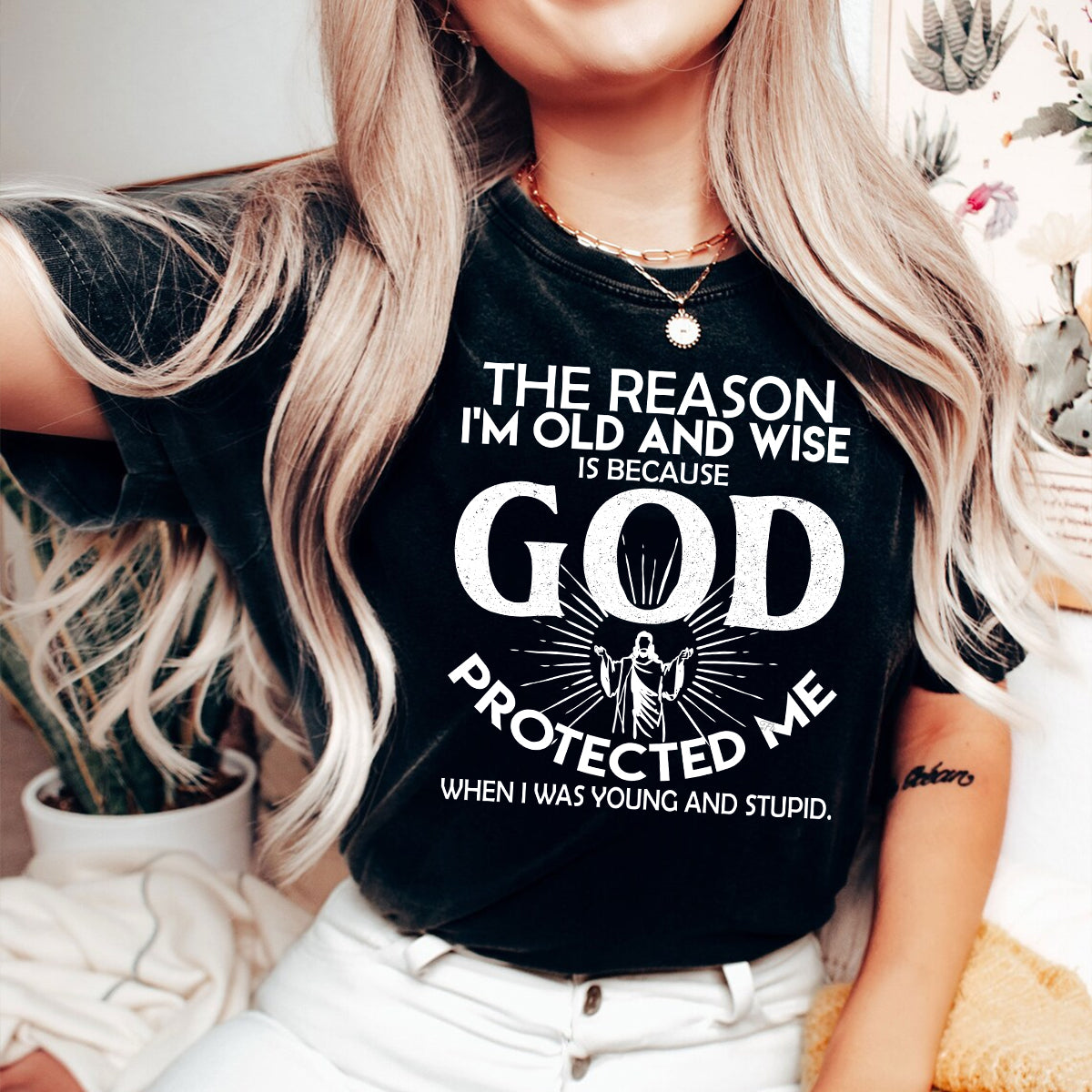 Teesdily | Jesus Christ Minimalist Style Casual Shirt God Protected Me Sweatshirt Hoodie Mug God Bible Verse Christian Streetwear Clothing