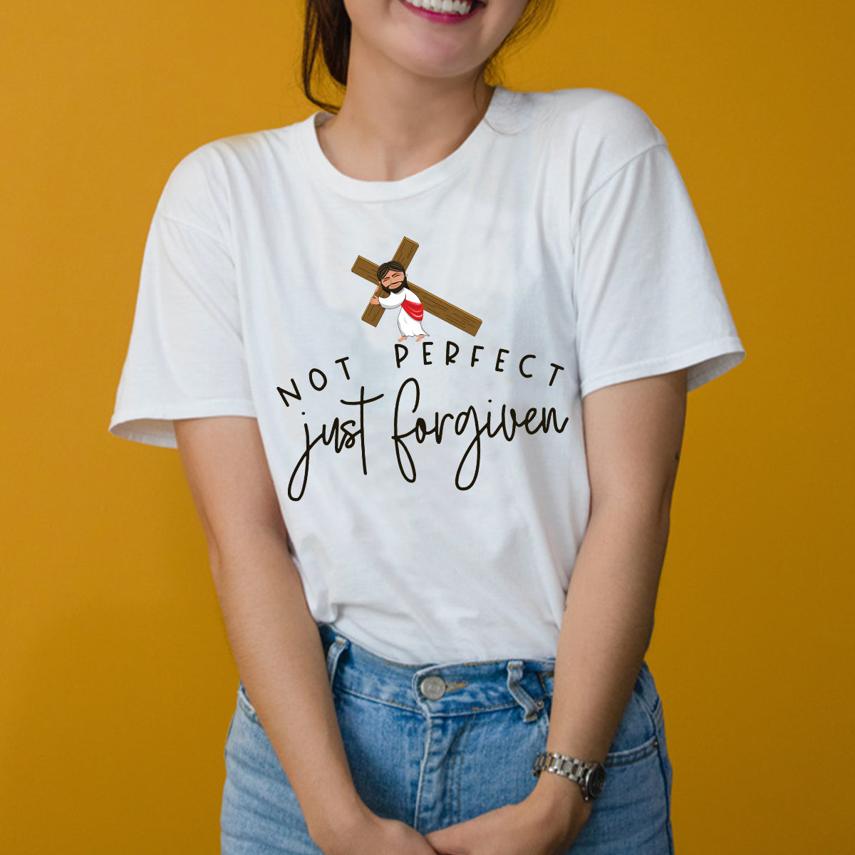 Teesdily | Jesus Hanging Cross Graphic Shirts Not Perfect Just Forgiven Shirts For Women Basic Tees God Bible Verse Cute Gift For Christian