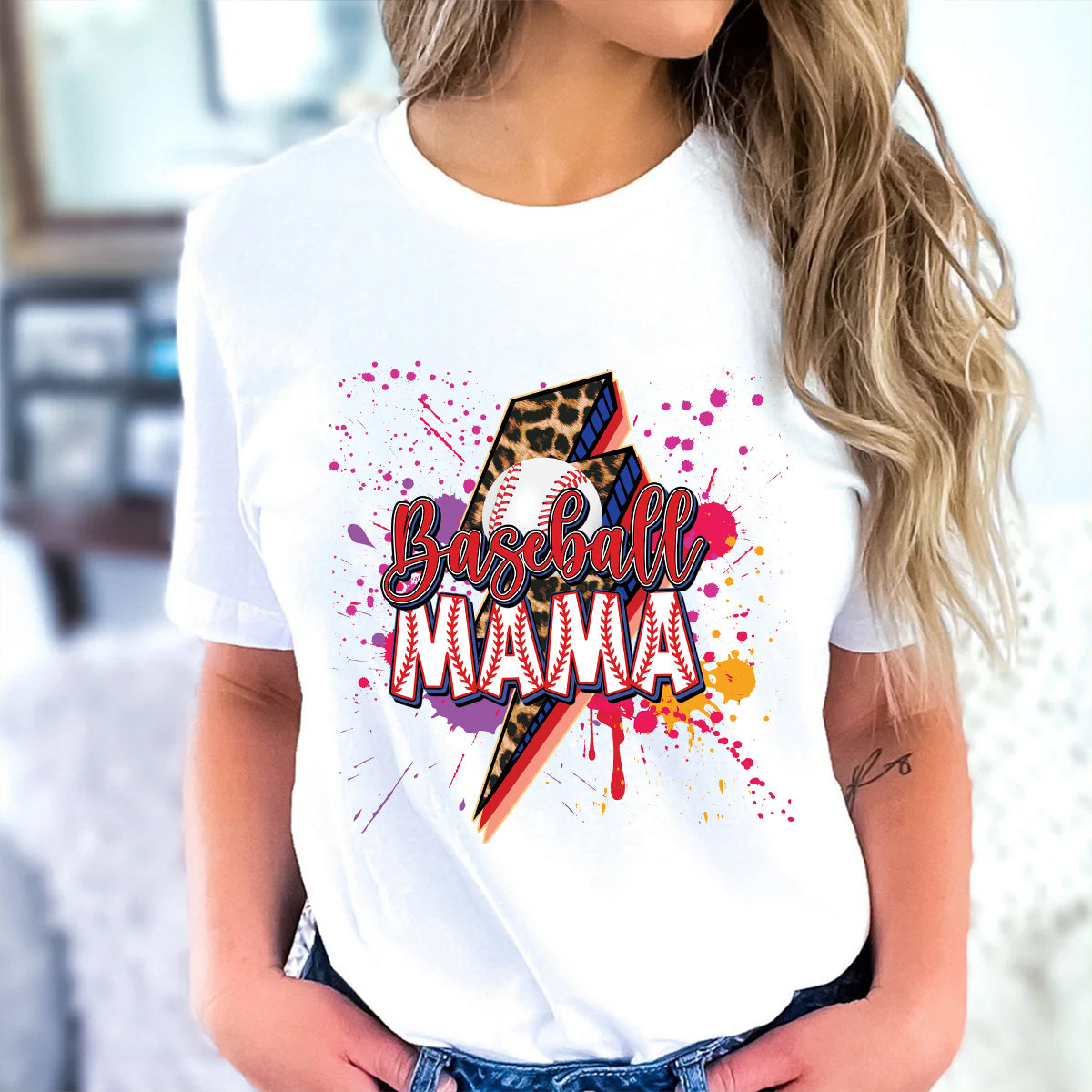 Teesdily | Baseball Mama Lightning Shirt, Mother's Day Softball Mom Shirt, Leopard Mama Tops, Sport Mom Gifts Unisex Tshirt Hoodie Sweatshirt Size S-5Xl / Mug 11-15Oz