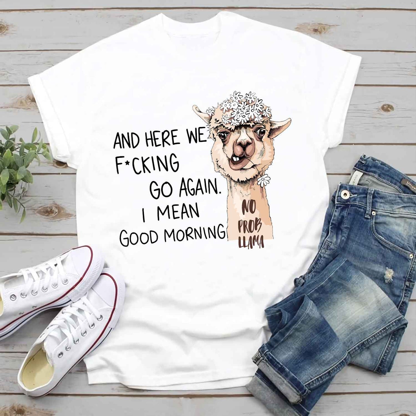 Teesdily | Llama Daisy Graphic Tshirts For Women No Prob Llama Sweatshirt Hoodie Mug Funny Positive Quote Gifts Streetwear Clothing