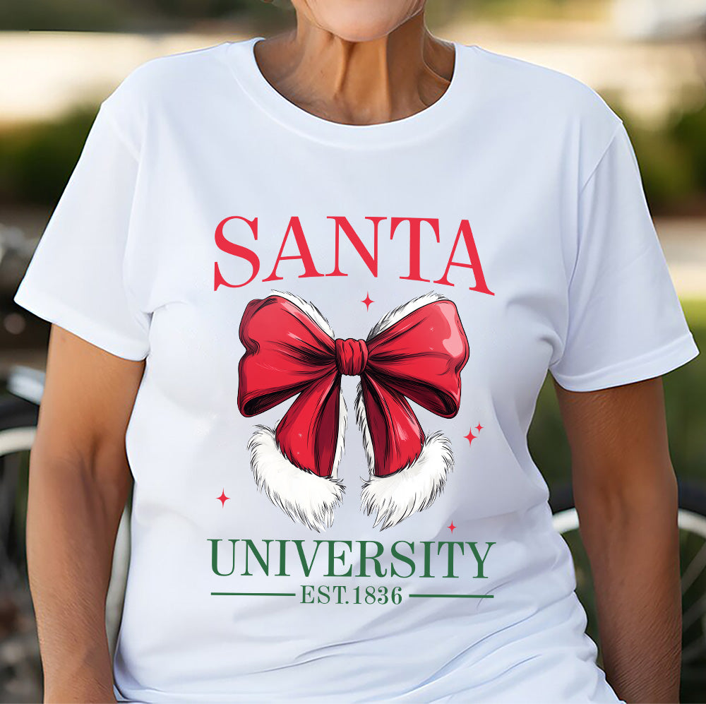 Teesdily | Retro Santa Bow University Est 1836 Shirt, Coquette Bow Christmas Sweatshirt, Social Club Santa Tee