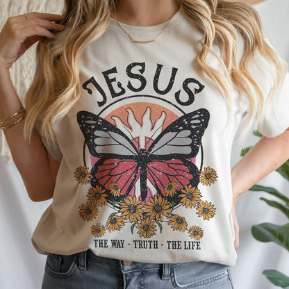 Teesdily | Jesus Christ Butterfly Sunflower Shirt Jesus The Way Truth The Life Sweatshirt Hoodie Mug God Faith Crew Neck T Shirts For Women