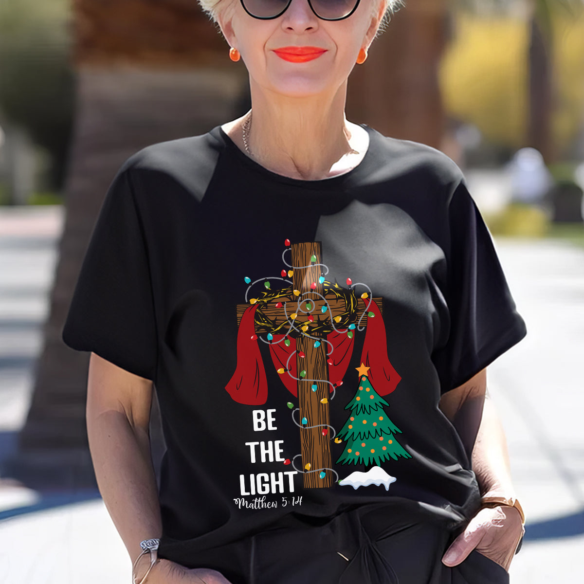 Teesdily | Be The Light Christmas Shirt, Jesus Cross Christmas Tree Sweatshirt, Christmas Family Hoodie Mug, Faith Religious Gift