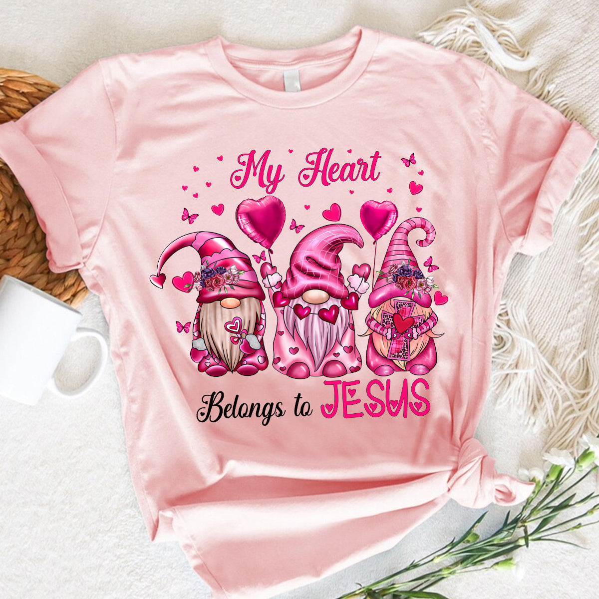 Teesdily | Valentine Gnomes Valentines Day Shirts, My Heart Belongs To Jesus Sweatshirt Hoodie Mug, Valentine's Day Gift For Her, Christian Gifts