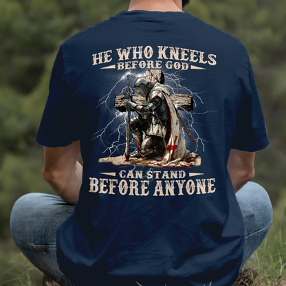 Teesdily | He Who Kneels Before God Shirt, Jesus Warrior Sweatshirt, Christian Cross Faith Hoodie Mug, Religious Gift Men