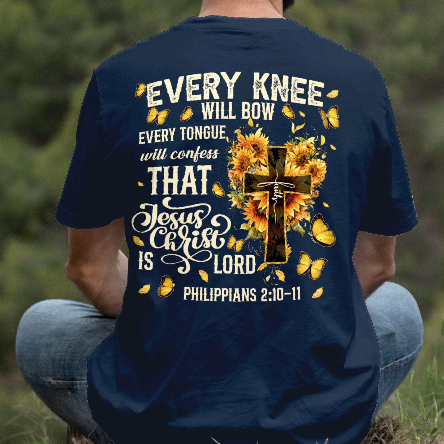 Teesdily | Every Knee Shall Bow Shirt, Every Tongue Shall Confess Sweatshirt, Bible Verse Sunflower Cross Jesus Hoodie Mug Gift