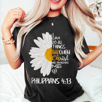 Teesdily | Jesus Christ Daisy Womens Tops, I Can Do All Things Through Christ Sweatshirt Hoodie Mug, God Bible Verse Graphic Tee, Christian Gift Ideas