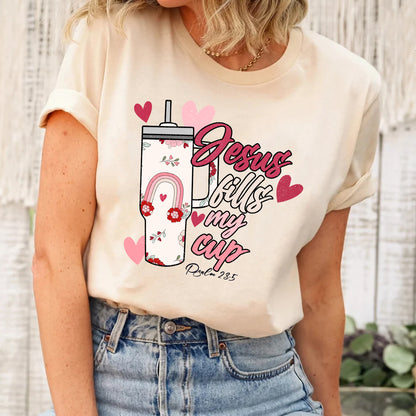 Teesdily | Jesus Valentine Day Womens Tops, Jesus Fills My Cup Sweatshirt Hoodie Mug, Valentines Short Sleeve Top, Christian Valentine Day Gifts