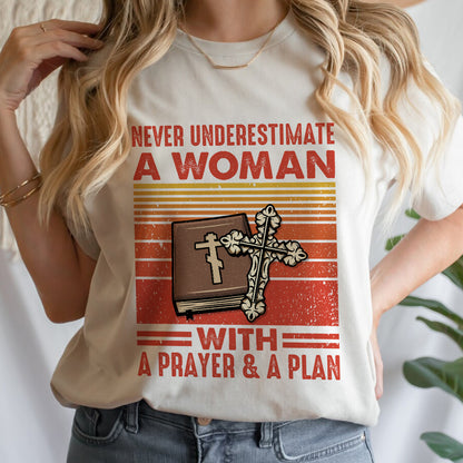 Teesdily | Jesus Christian Bible Book Retro Tshirt Never Underestimate A Woman With A Prayer And A Plan Sweatshirt Hoodie Mug Christian Gift Ideas