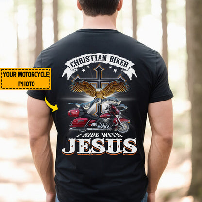 Teesdily | Personalized Motorcycle Photo Shirt, Christian Biker Shirt, I Ride With Jesus Hoodie Sweatshirt Mug, Motorcycle Gifts