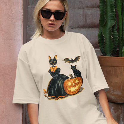 Teesdily | Childless Cat Lady Full Color Shirt, Halloween Pumpkin Witch And Cat Sweatshirt, Witchy Black Cat Hoodie Mug