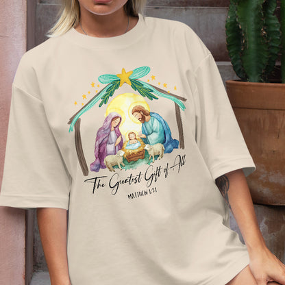 Teesdily | Jesus Christmas Coquette Bow Shirt, Christian Christmas Nativity Scene Sweatshirt, Bow Glitter Holy Family Hoodie Mug