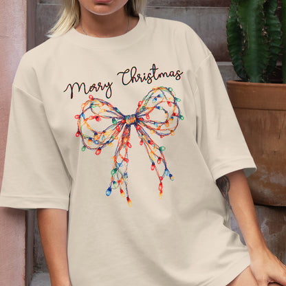 Teesdily | Merry Christmas Bow Light Shirt, Christmas Coquette Bow Sweatshirt, Merry And Bright Lights Bow Hoodie Mug For Women