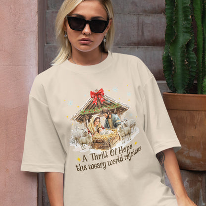 Teesdily | Nativity Scene Christmas Coquette Jesus Shirt, A Thrill Of Hope Sweatshirt, Christmas Nativity Hoodie Mug Religious Gift