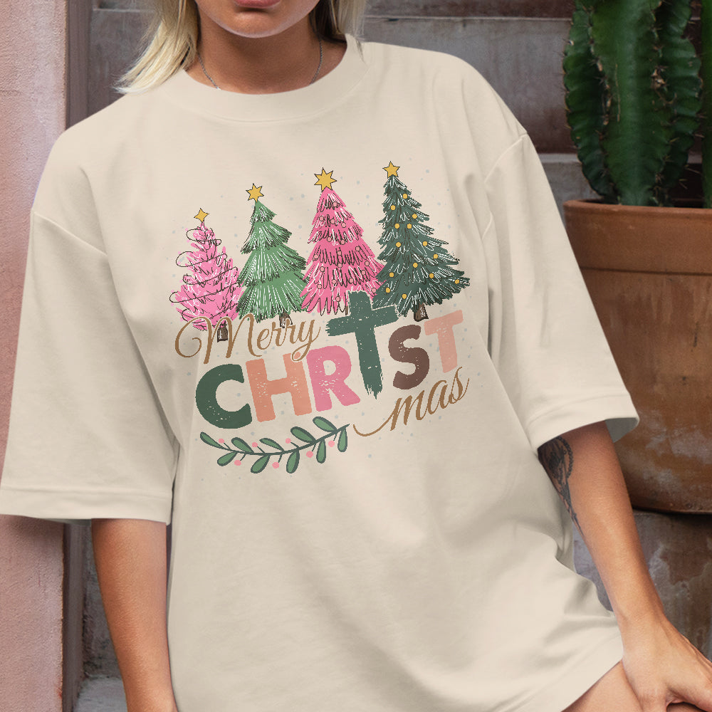 Teesdily | Merry Christmas Shirt, Jesus Christmas T-shirt, Christian Christmas Tree Sweatshirt, Holiday Christmas Hoodie Mug Gift