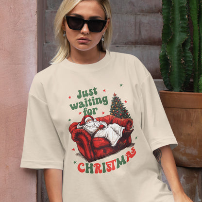 Teesdily | Just Waiting For Christmas Shirt, Santa Sofa Christmas Lights Tee 2024, Santa Claus Sweatshirt Hoodie Mug, Holiday Gift