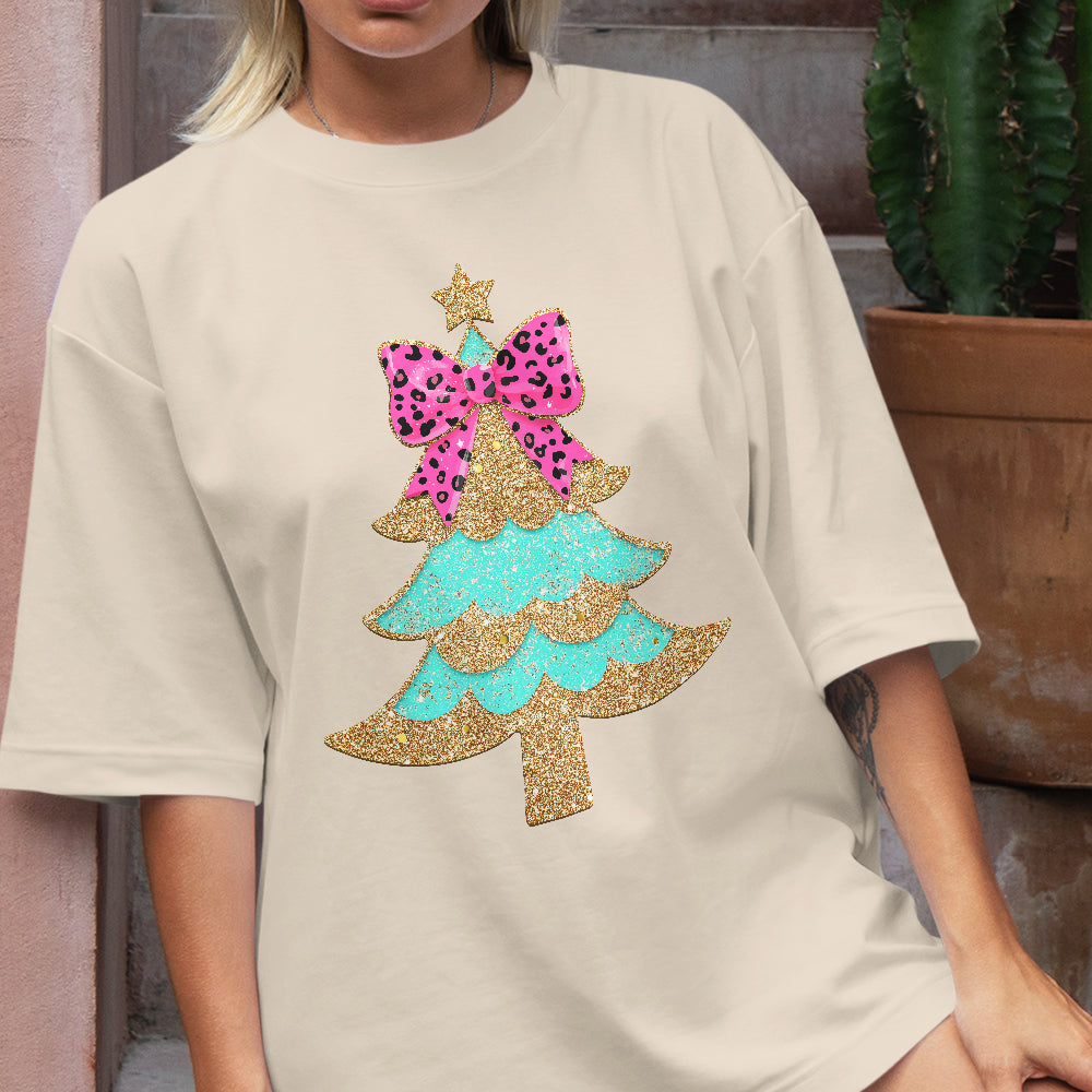 Teesdily | Christmas Tree Bow Shirt, Christmas Coquette Bow Glitter Leopard Sweatshirt, Christmas Hoodie Mug For Women