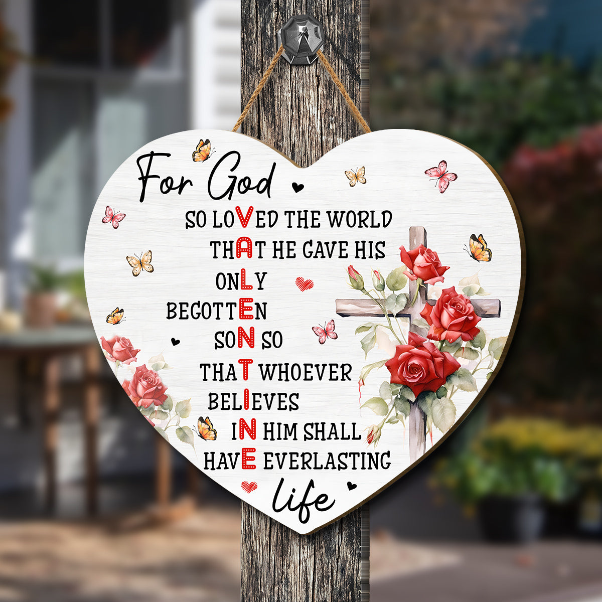 Teesdily | Jesus Christ Valentine Day Wood Sign For God So Loved The World Wood Door Sign Butterfly Valentine Day Home Decoration Christian Gifts