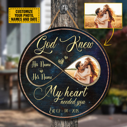 Teesdily | Couple Custom Photo Wood Sign God Know My Heart Needed You Wood Sign Galaxy Print Newly Couple Home Door Decoration Custom Gifts